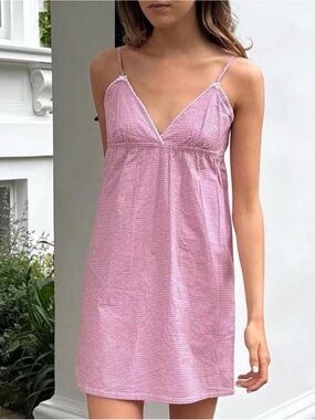 Brandy Melville Arianna Dress Pink Gingham Lace-Trim Chemise Nightdress one size